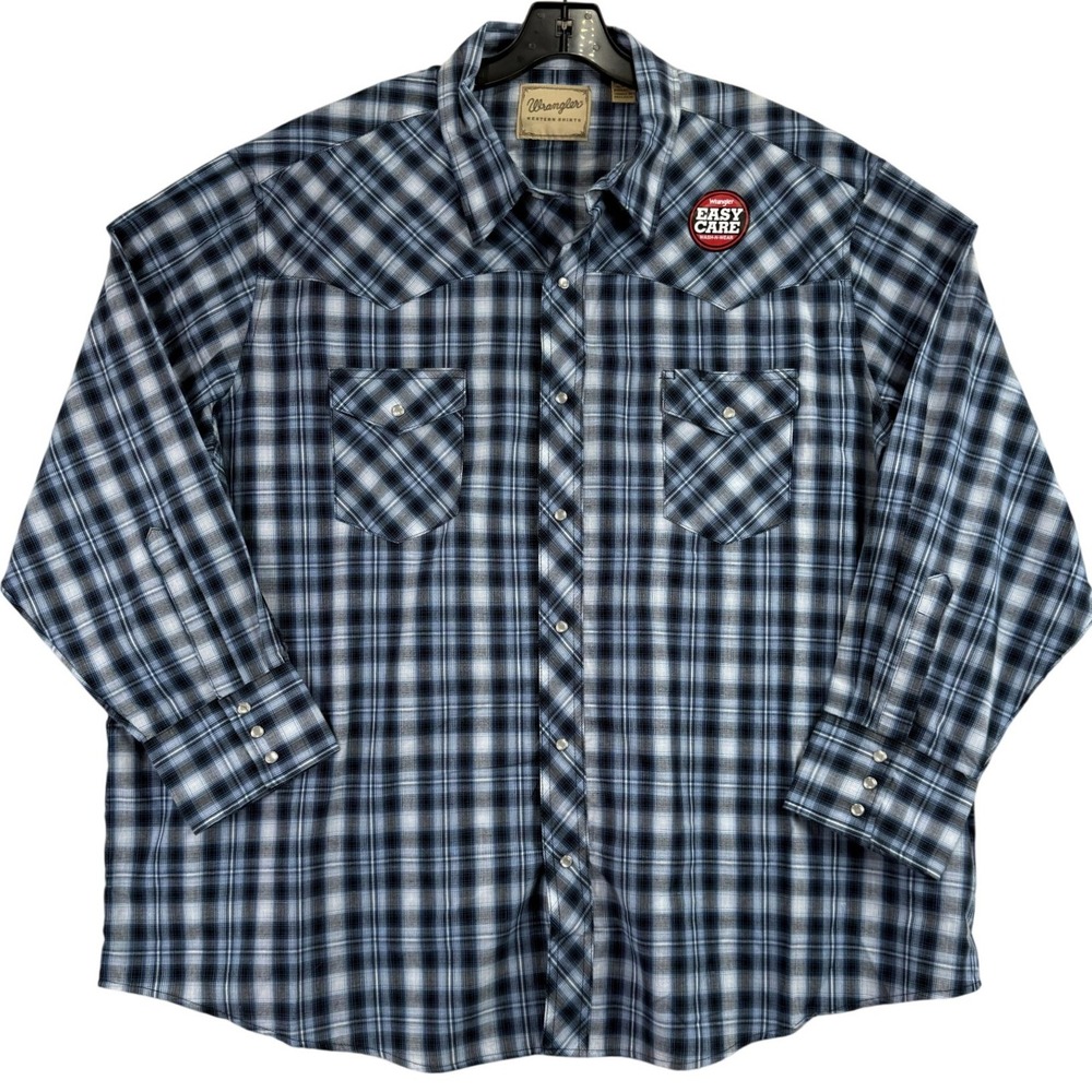 Wrangler Western Button-up Shirt Men 3XL Blue Plaid Pearl Snap Easy Care Cowboy